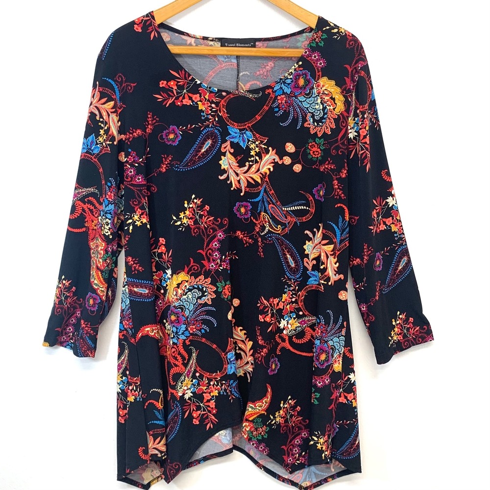 Travel Elements  Floral Sharkbite Tunic Top Black XL 3/4 Sleeve Stretch USA